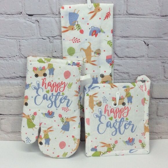 Happy Easter 3 Pc Kitchen Set Spring Pastel Blue Dish Towel/Pot Holder/Oven Mitt - Picture 9 of 9